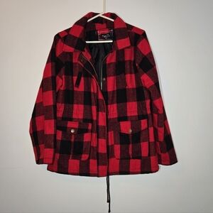 Rue 21 Red And Black Buffalo Check Zip Up Jacket Draw String Waist Size Large
